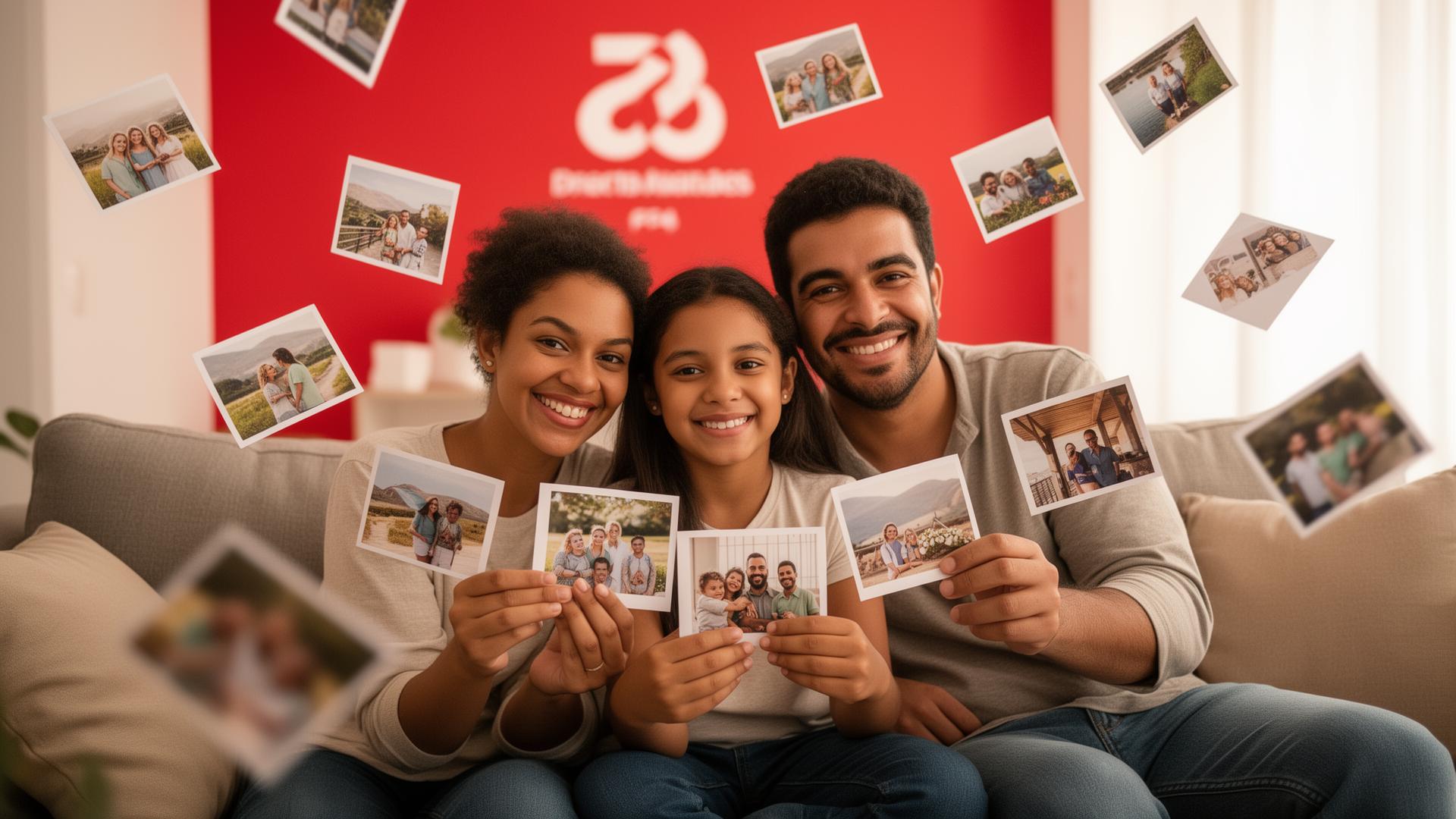 Família guardando memórias com fotos reveladas